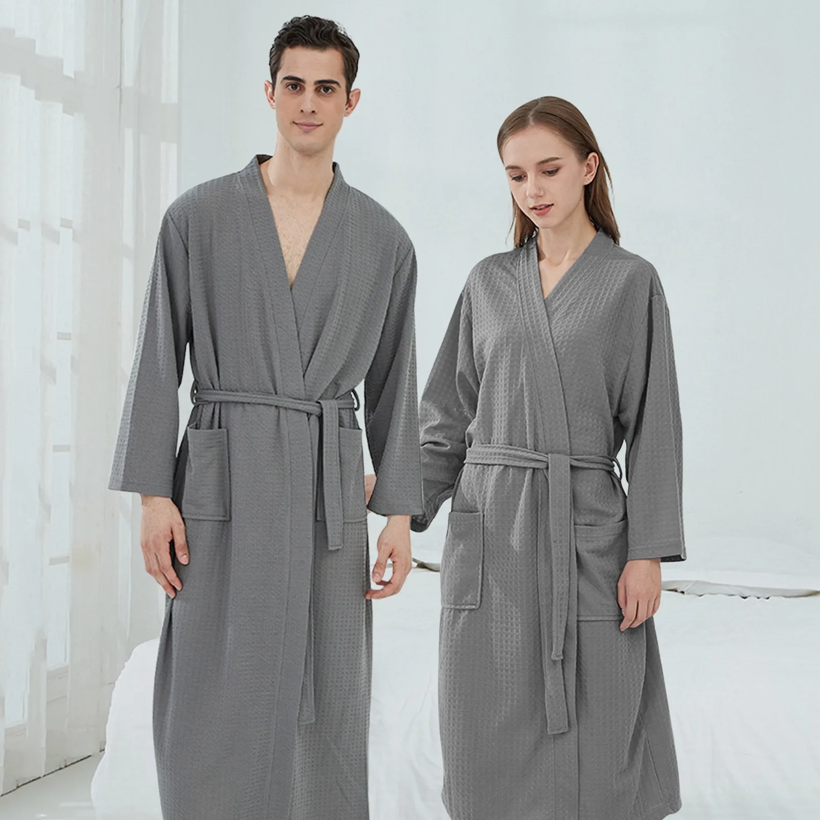 

New Version Lovers Waffle Bathrobes Pajamas Men Women Suck Water Kimono Nightgowns Plus Size Spa Bath Robe XXXL