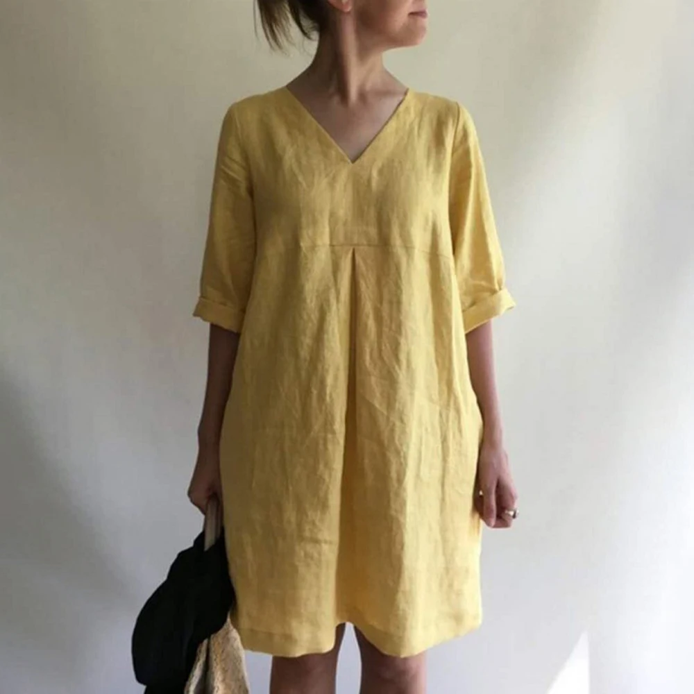 Cotton Linen Dress 3 Quarter Vintage Casual V Neck Loose Waist Midi Beach Dress Women Clothing Green Blue Yellow Robe
Cotton Linen Dress 3 Quarter Vintage Casual V Neck Loose Waist Midi Beach Dress Women Clothing Green Blue Yellow Robe