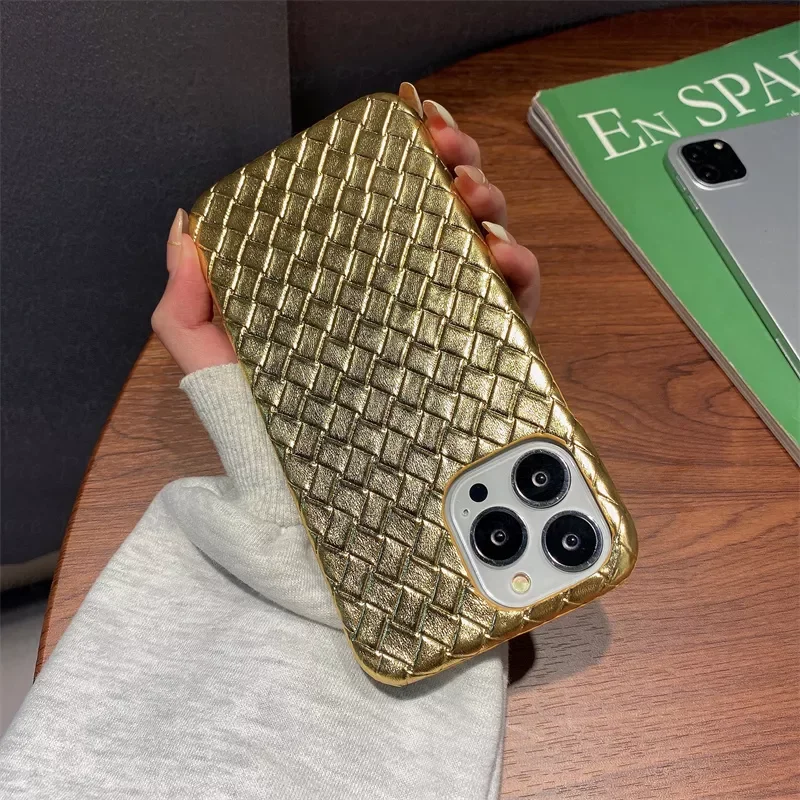 

Electroplated Glossy Weave Leather Phone Case For iPhone 13 12 Pro Max 11 XS XR 8 7 Plus Vintage Coque Funda Embossed