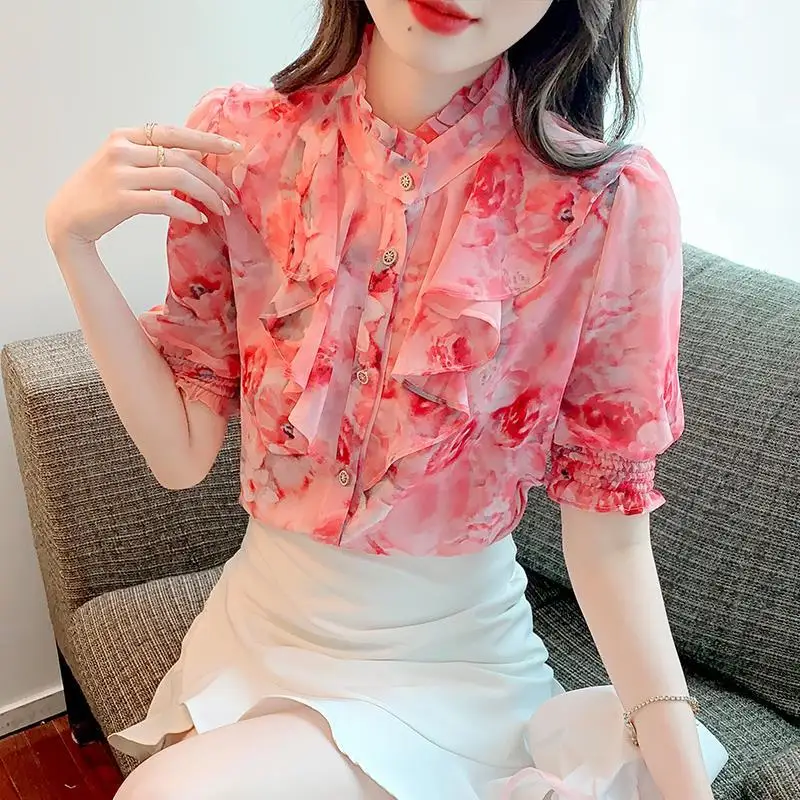 Flower chiffon shirt women summer 2023 latest lotus leaf short sleeve o neck printed top fashion foreign shirt blouse clothing
Flower chiffon shirt women summer 2023 latest lotus leaf short sleeve o neck printed top fashion foreign shirt blouse clothing