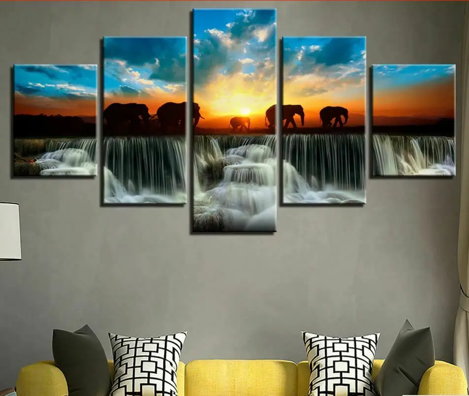 

Elephant Sunset Waterfall 5 piece Canvas Picture Print Wall Art Canvas Painting Wall Decor for Living Room