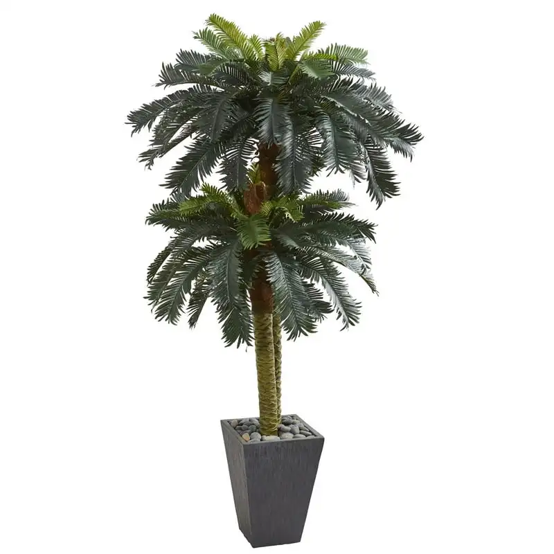 

Double Sago Palm Artificial Tree in a Slate Finished Planter Balcony privacy screen Expandable faux privacy fence Chicken wire G