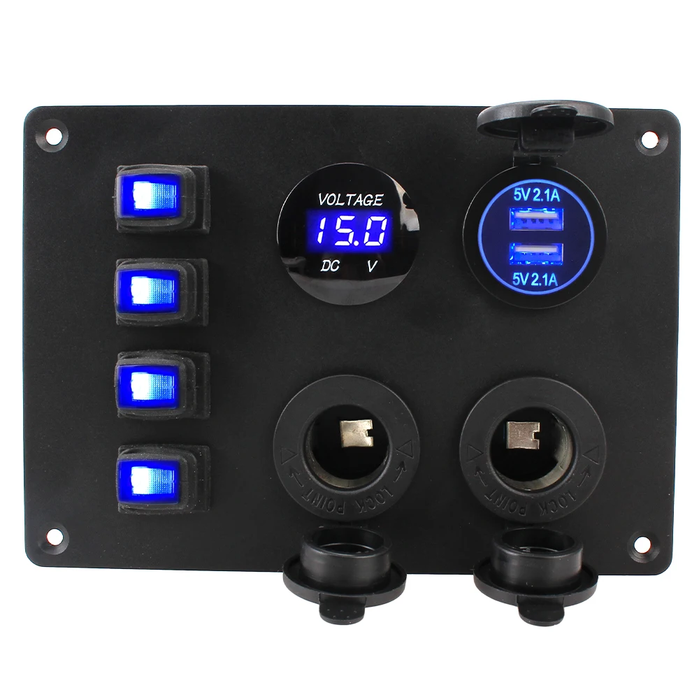 4 Gang Toggle Switch Blue LED Digital For RV Auto Marine Car Switch Panel Cigarette Lighter Overload Protection 12V/24V
4 Gang Toggle Switch Blue LED Digital For RV Auto Marine Car Switch Panel Cigarette Lighter Overload Protection 12V/24V