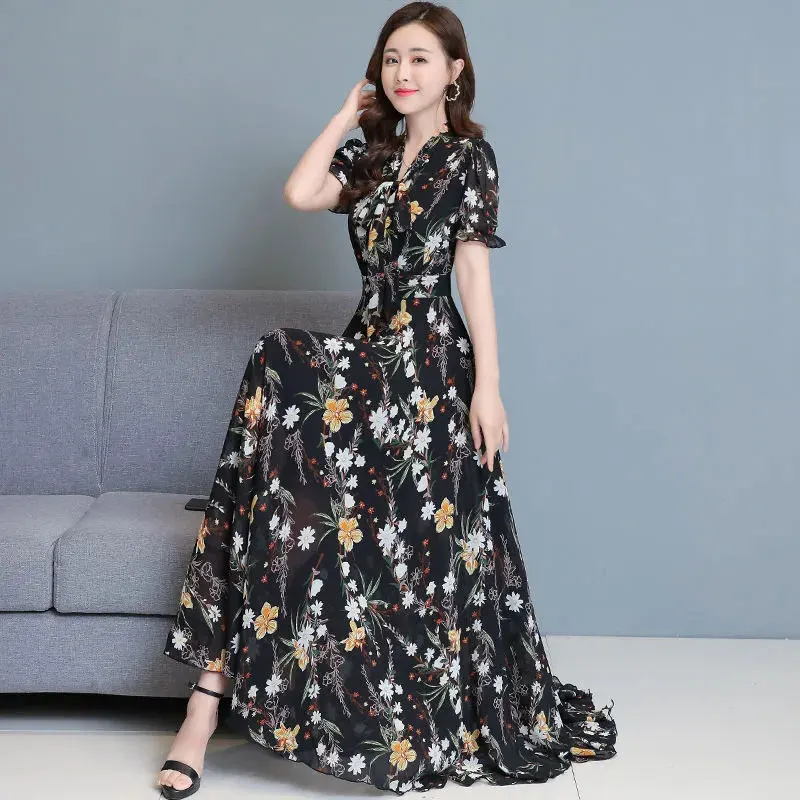 Chiffon Floral Multi-Color Dress Women 2022 Summer New Collection Waist Slimming Long V-Neck Lace Up Bow Lady Dress Female 
Chiffon Floral Multi-Color Dress Women 2022 Summer New Collection Waist Slimming Long V-Neck Lace Up Bow Lady Dress Female
