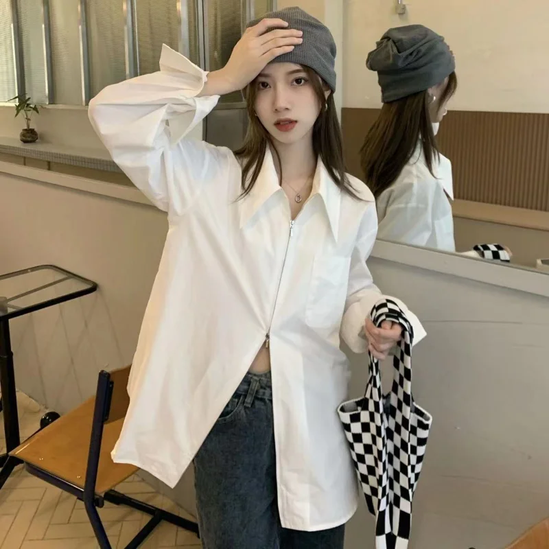 Loose White Shirts Double Zipper Streetwear Tops Mid Length American Casual Women Blouse Versatile Turn Down Collar Camisa
Loose White Shirts Double Zipper Streetwear Tops Mid Length American Casual Women Blouse Versatile Turn Down Collar Camisa