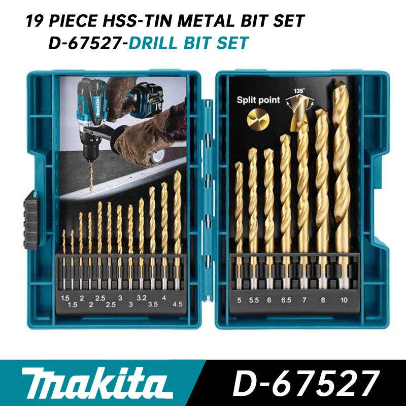 

Набор сверл Makita D-67527, комплект из 19 насадок с титаново-нитридным покрытием для работ по металлу и дереву