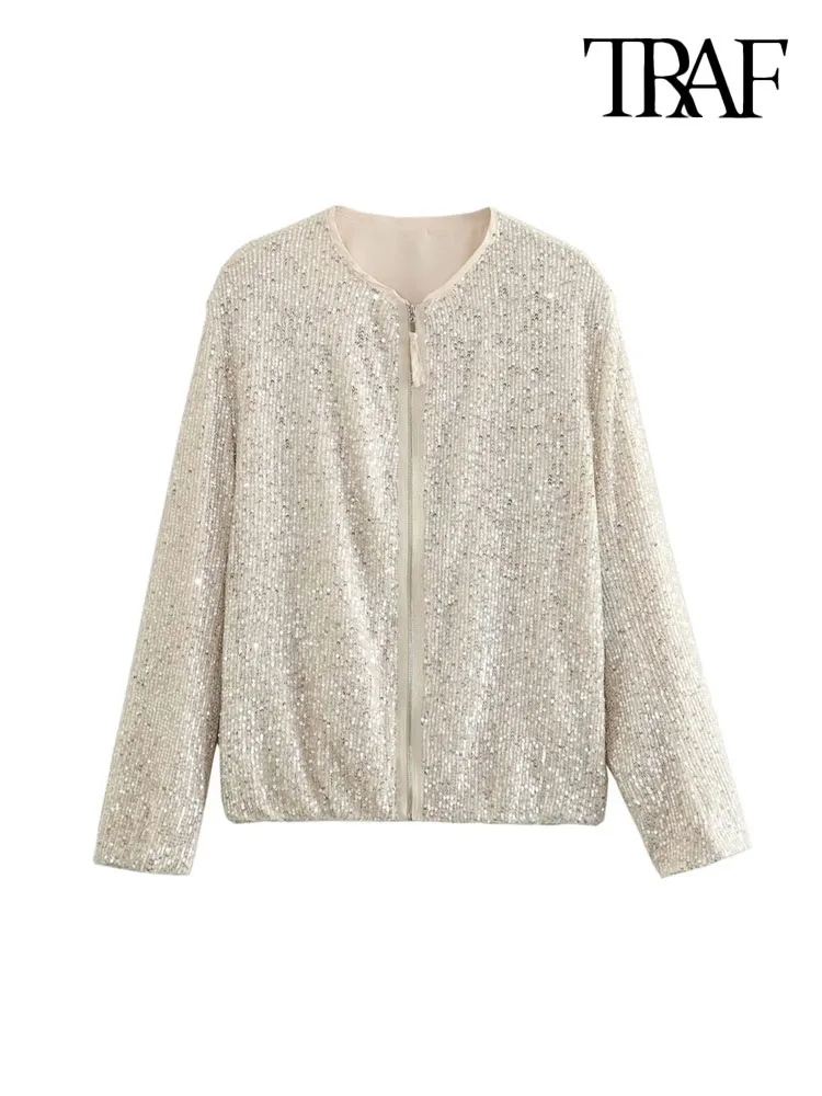 TRAF Women Fashion With Pockets Sequin Bomber Jacket Coat Vintage Long Sleeve Front Zipper Female Outerwear Chic Tops
TRAF Women Fashion With Pockets Sequin Bomber Jacket Coat Vintage Long Sleeve Front Zipper Female Outerwear Chic Tops