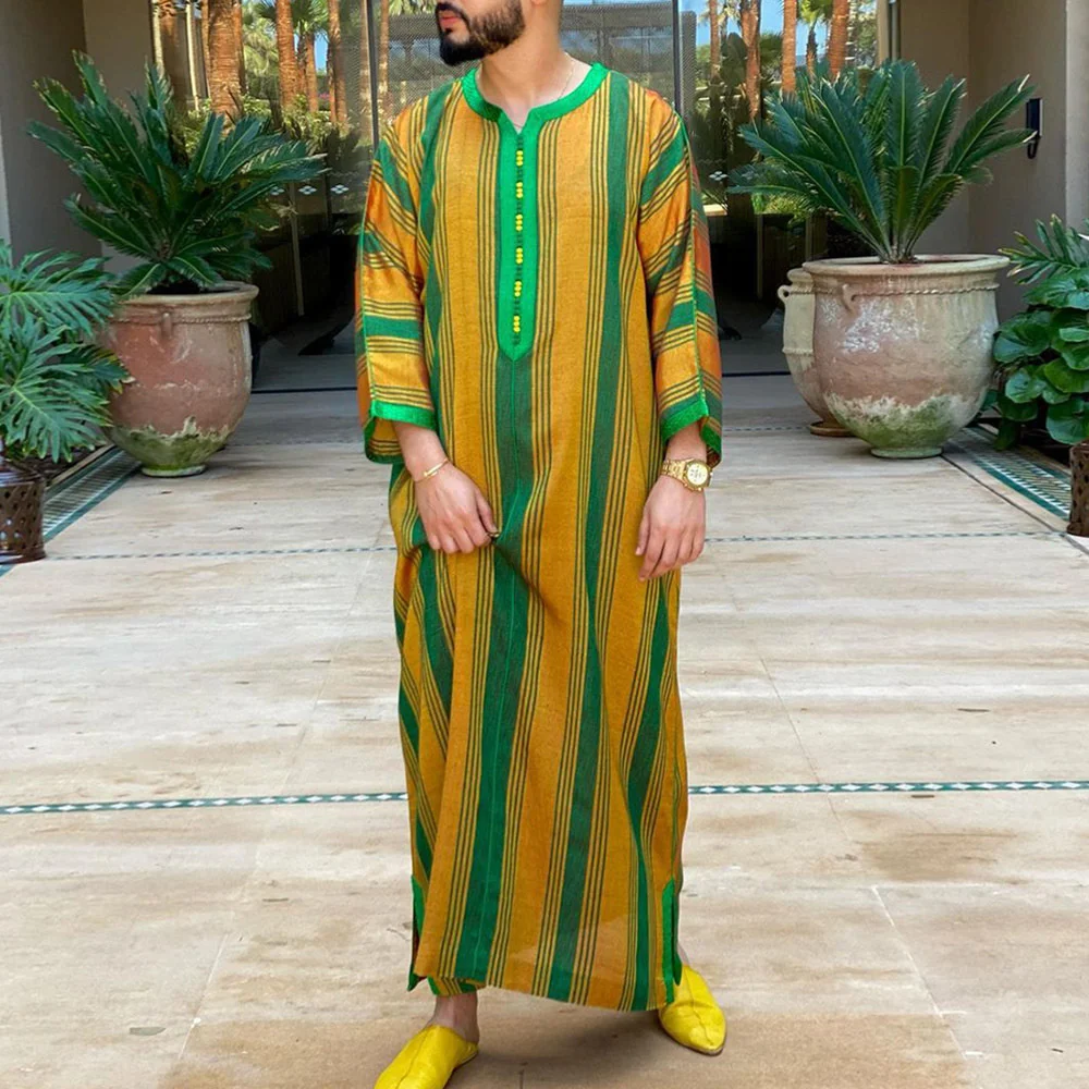 

2022 Men New Saudi Arabian National Style Clothing Stripe Color Contrast Loose Long Sleeve Men's Robe Long Sleeves Abaya Dress
