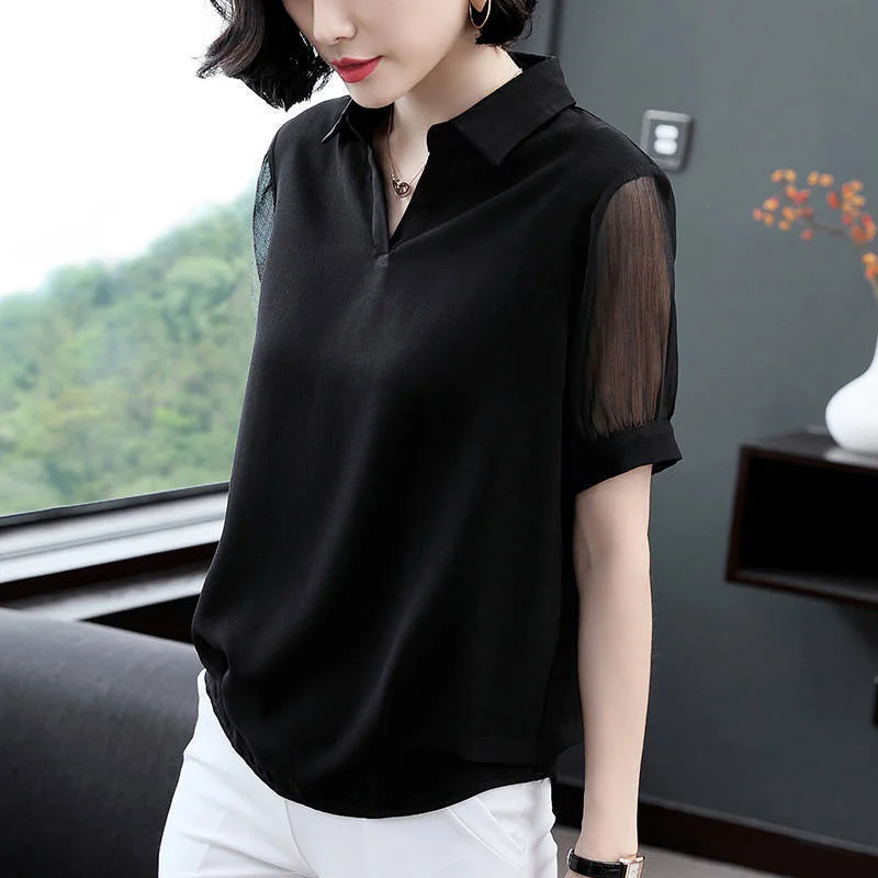 Women Summer Style Blouses Shirts Lady Casual Short Mesh Patchwork Sleeve Turn-down Collar Blusas Tops
Women Summer Style Blouses Shirts Lady Casual Short Mesh Patchwork Sleeve Turn-down Collar Blusas Tops