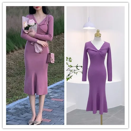Purple Color Ruched Folds Women Knit Mermaid Dress Full Sleeves V-Neck Sexy Spring Fall Lady Trumpet Dresses
Purple Color Ruched Folds Women Knit Mermaid Dress Full Sleeves V-Neck Sexy Spring Fall Lady Trumpet Dresses