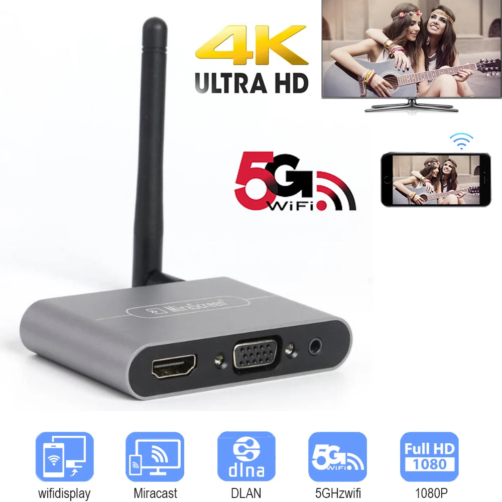 Mirascreen X6W Plus TV Stick 5G 4K Беспроводной Wi-Fi адаптер для дисплея HDMI-совместимый VGA Аудио