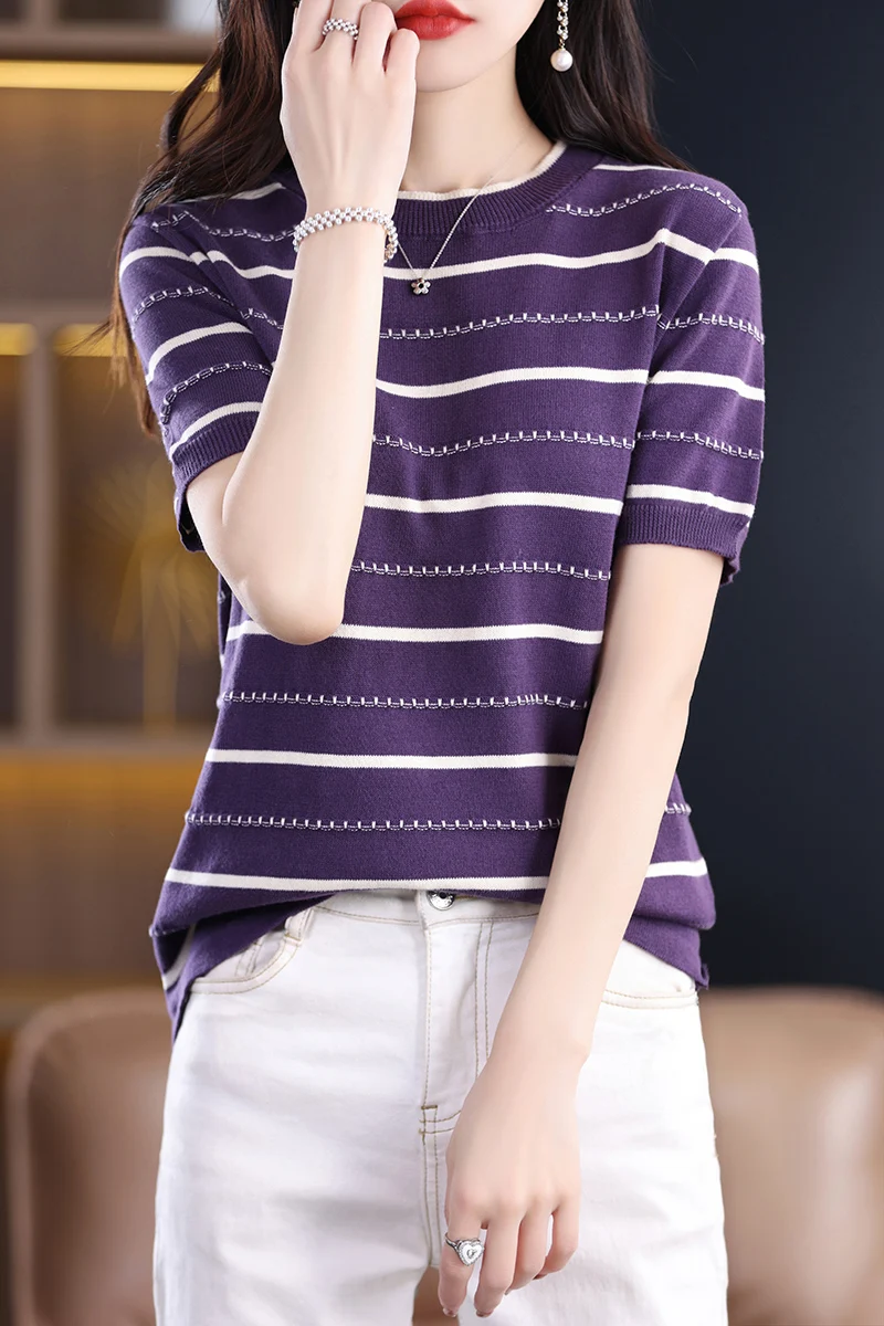 Woman's Top Tees Casual Striped T-Shirt Jumper Female Pullover Short Sleeve O-Neck Blouse Coat 100% Cotton Knitted Sweater Shirt
Woman's Top Tees Casual Striped T-Shirt Jumper Female Pullover Short Sleeve O-Neck Blouse Coat 100% Cotton Knitted Sweater Shirt