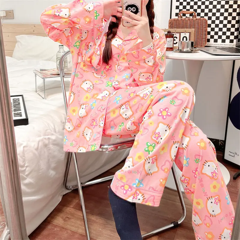 Kawaii Cartoon Cute Hello kitty Cotton Pajamas Girls Heart Sweet All-Match Student Comfortable Home Clothes Suit Loose Female
Kawaii Cartoon Cute Hello kitty Cotton Pajamas Girls Heart Sweet All-Match Student Comfortable Home Clothes Suit Loose Female