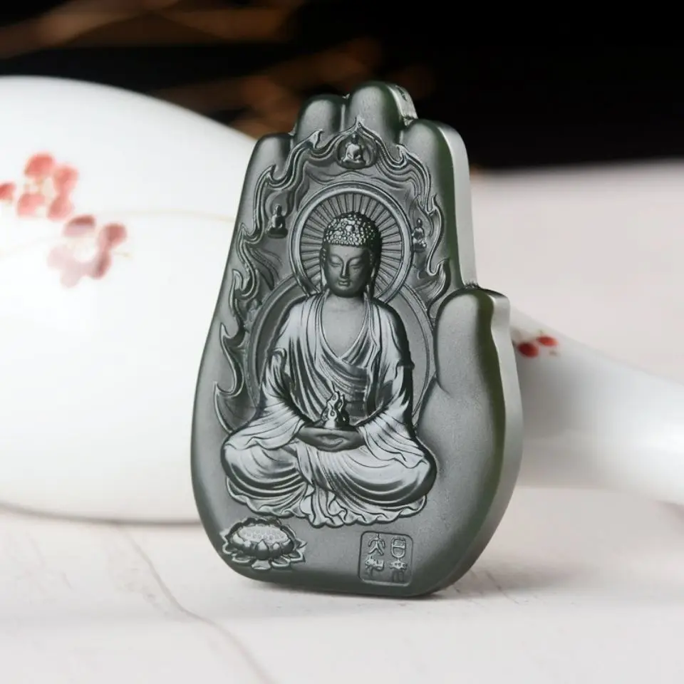 Xinjiang Hetian jade sapphire buddha hand pendant Taqing a fine material double-sided carving big day Buddha pendant jade 
Xinjiang Hetian jade sapphire buddha hand pendant Taqing a fine material double-sided carving big day Buddha pendant jade