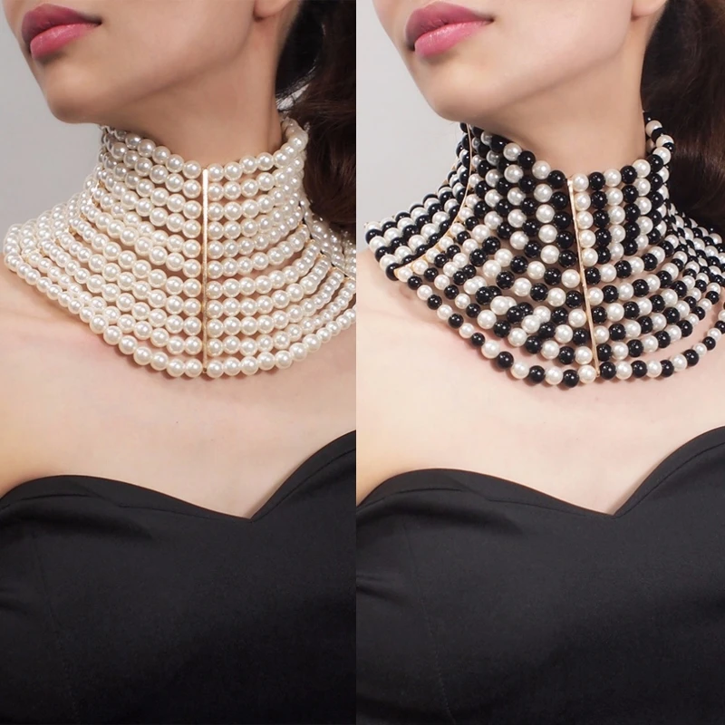 

85WB Women Vintage Exaggerated Choker Multi Strands Layered Imitation Pearl Jewelry High Collar Statement Necklaces for Wedding