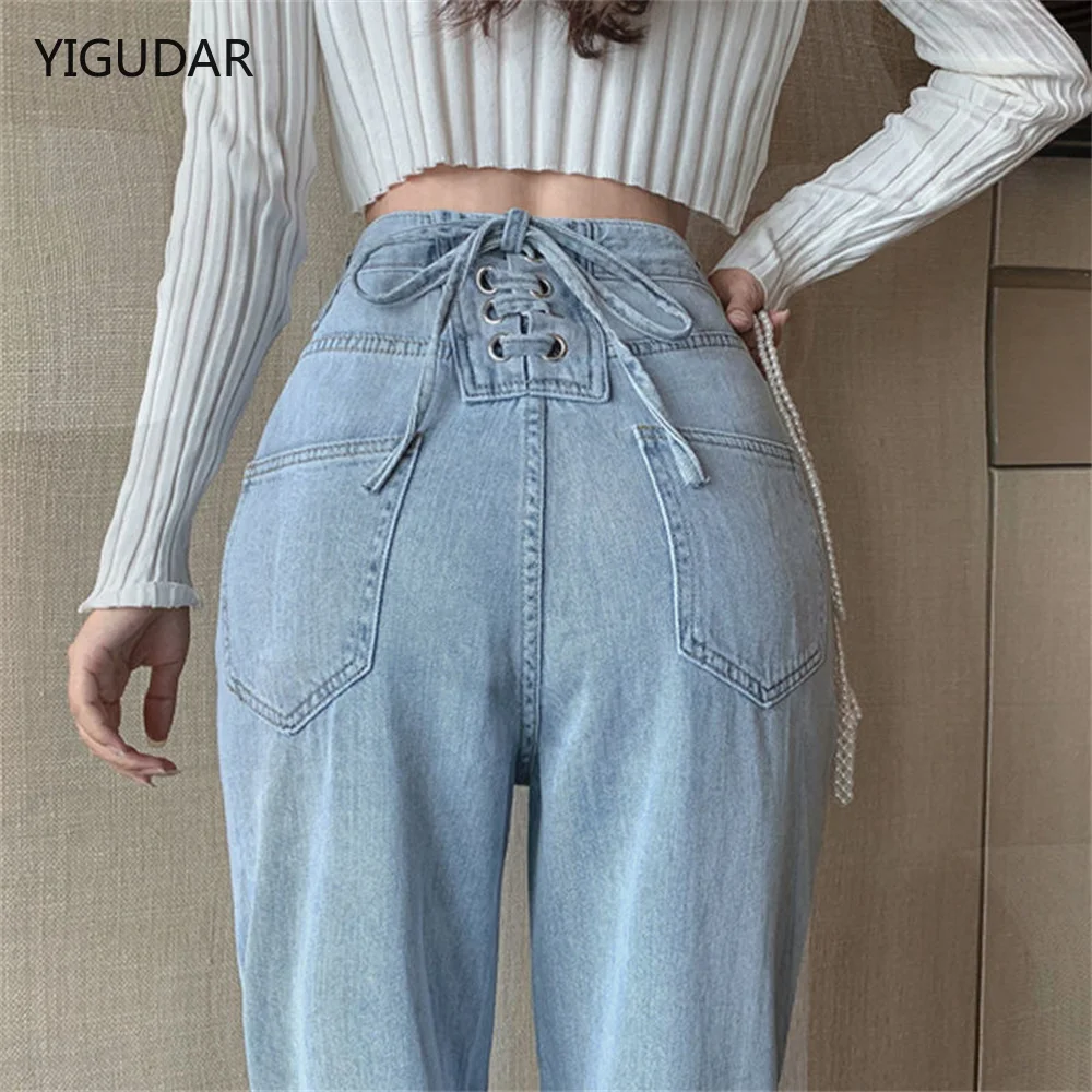 

Blue Tie Waist loose Jeans Women Slim Denim Trousers Vintage Clothes 2022 spring High Waist Pants Belted Stretchy Wide Leg Jeans