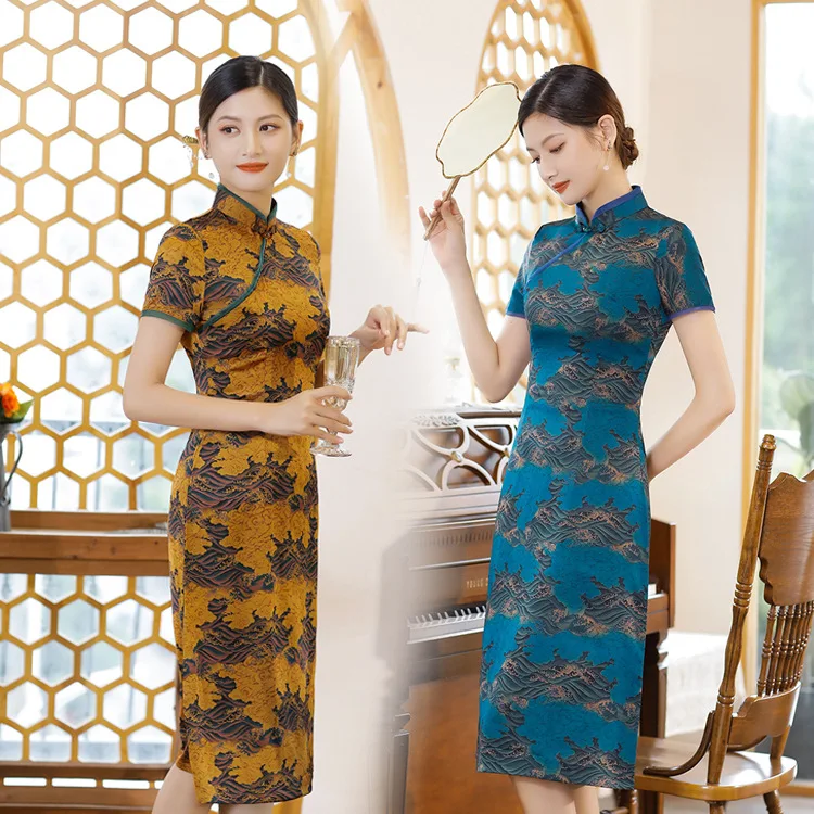 Sexy Long Qipao Elegant Short Sleeve Printing Mandarin Collar Tight Cheongsam Women Satin Clothing Chinese Style Vestidos Dress
Sexy Long Qipao Elegant Short Sleeve Printing Mandarin Collar Tight Cheongsam Women Satin Clothing Chinese Style Vestidos Dress
