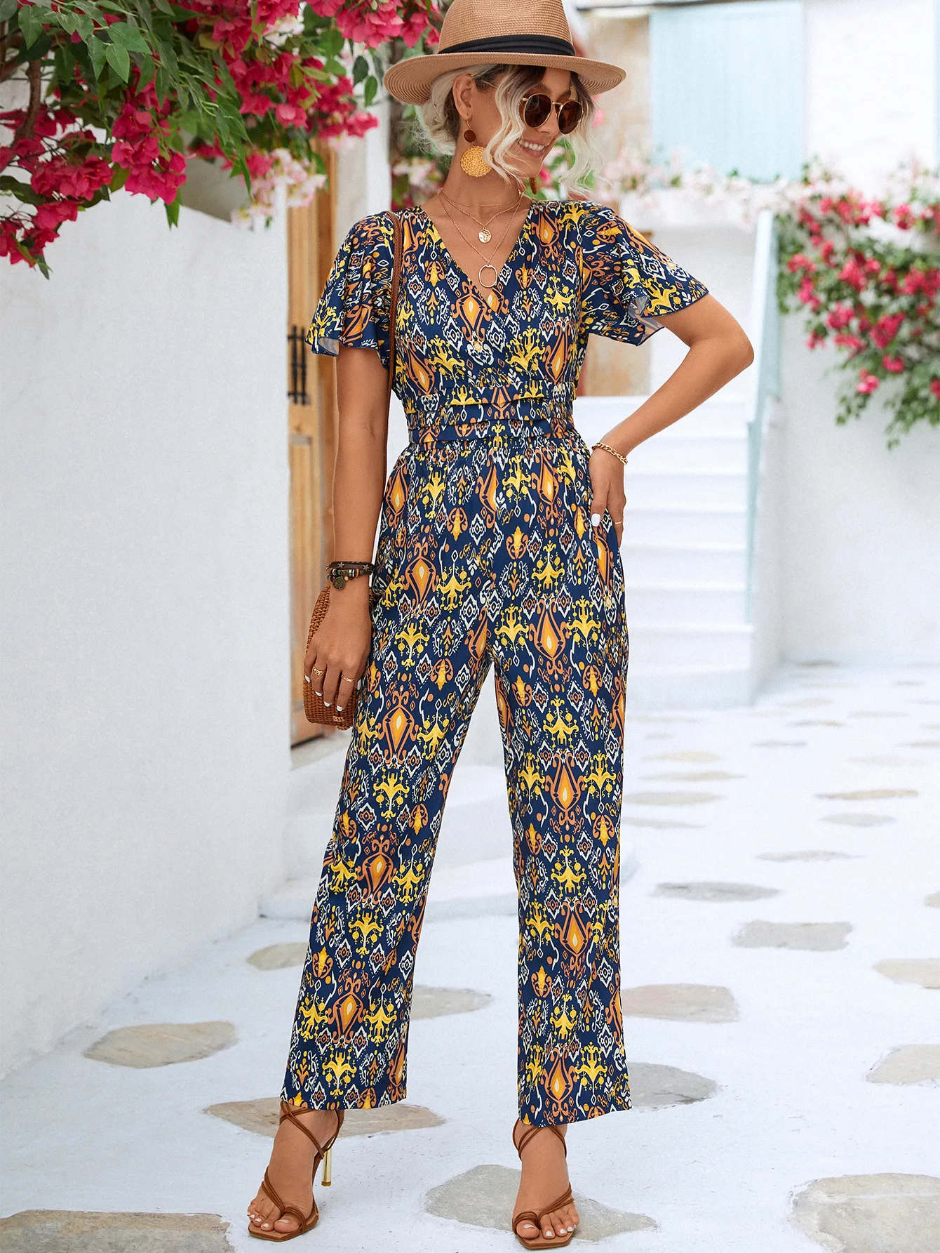 

Foridol Elastic Waist Folk Print Navy Blue Long Pants Jumpsuit 2023 Overall V Neck Spring Dropshipping Summer Casual Playsuit
