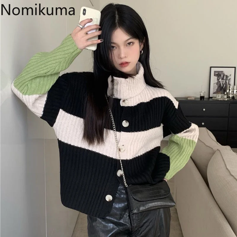 

Nomikuma Pull Femme Autumn Winter Stand Neck Contrast Color Striped Women Clothing Harajuku Retro Elegant Fashion Sweater Women