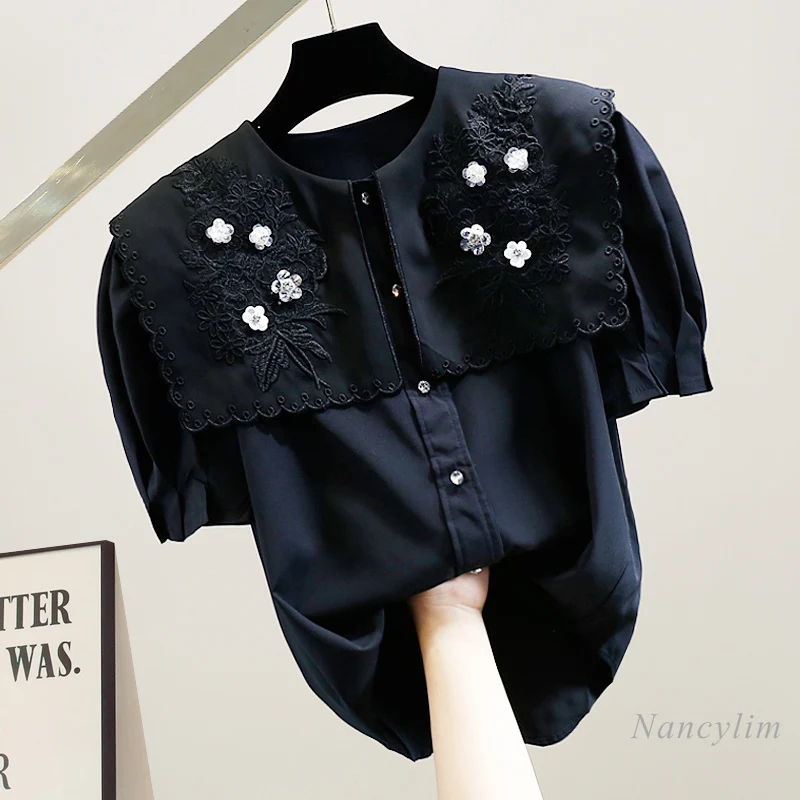 2022 Summer New Beaded Embroidery Sailor Collar Blouse for Women New Short Puff Sleeve Loose Tops Gilrs Ladies White Black
2022 Summer New Beaded Embroidery Sailor Collar Blouse for Women New Short Puff Sleeve Loose Tops Gilrs Ladies White Black