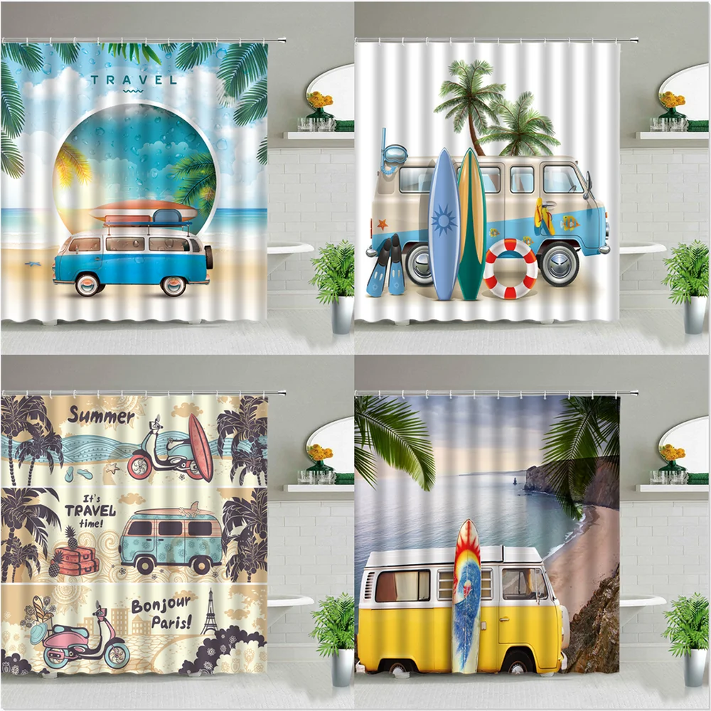 Vintage Summer Holiday Retro Bus Camper Van Shower Curtains Surfboard Palm Tree Bathroom Home Decor Bathtub Curtain With Hooks
Vintage Summer Holiday Retro Bus Camper Van Shower Curtains Surfboard Palm Tree Bathroom Home Decor Bathtub Curtain With Hooks