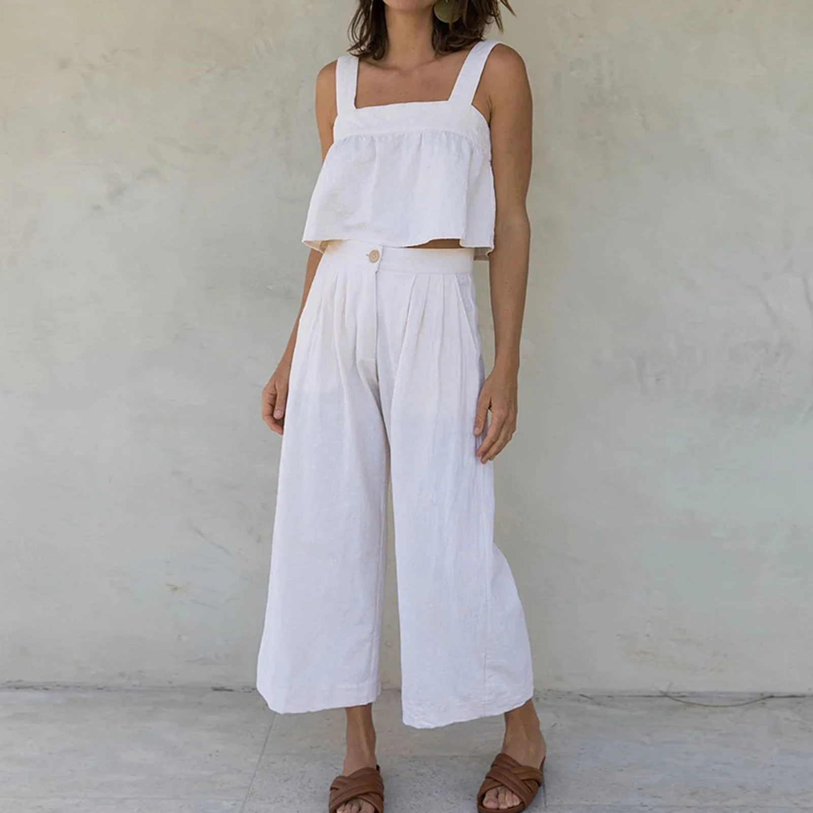 Женский хлопковый плиссированный костюм, повседневный однотонный комплект из двух предметов, топ без рукавов с квадратным вырезом и широки...
Женский хлопковый плиссированный костюм, повседневный однотонный комплект из двух предметов, топ без рукавов с квадратным вырезом и широки...