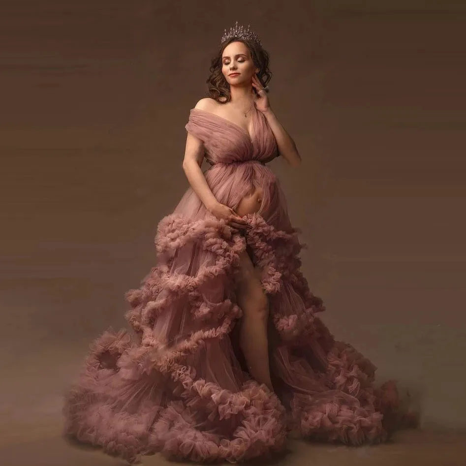 

Elegant Dusty Pink Ruffled Maternity Gowns for Photo Shoot Lush Tiered Tulle Maternity Dress Baby Shower Pregnancy Robes Custom