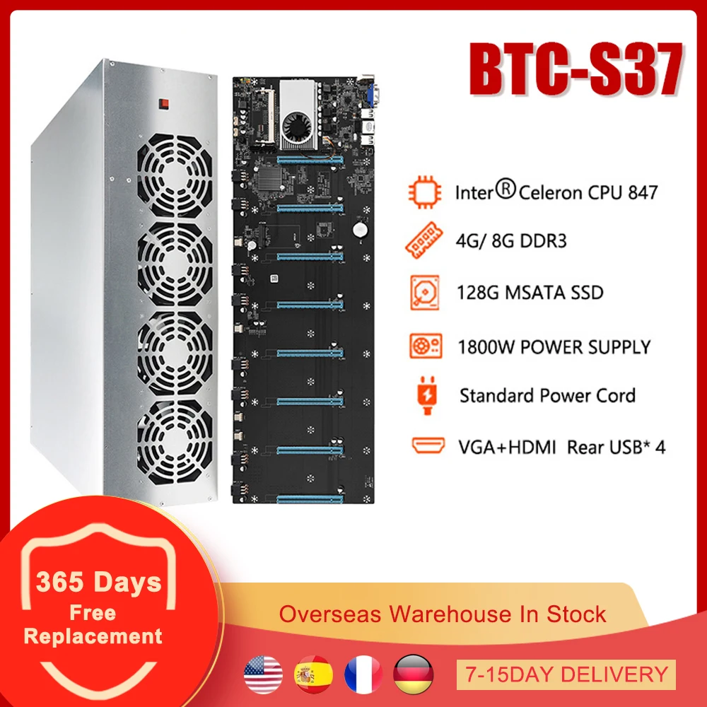 BTC S37 Mining Chassis Set Case Motherboard 2000W PSU Power Supply Support 8 Graphics Card 8GB DDR3 128GB SSD Bitcoin ETH Miner
BTC S37 Mining Chassis Set Case Motherboard 2000W PSU Power Supply Support 8 Graphics Card 8GB DDR3 128GB SSD Bitcoin ETH Miner