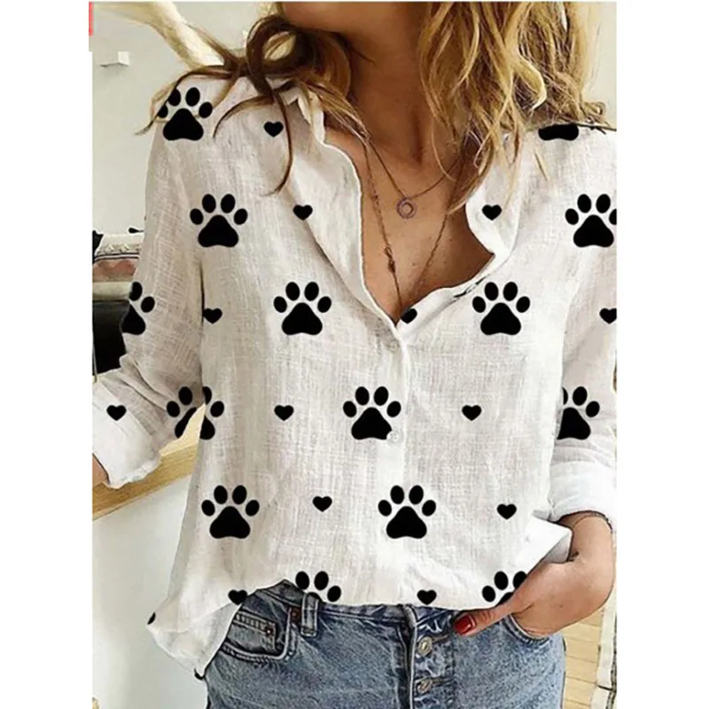 

Spring Autumn Lapel Long Sleeve Women Shirt Vintage Dog Paw Print Blouse White Blue Pink Casual Loose Button Up Shirts Blusas