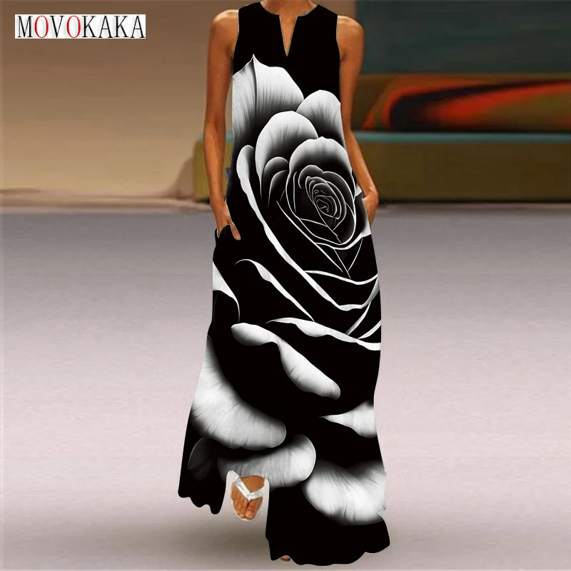 

Женское длинное свободное платье MOVOKAKA, черное платье без рукавов с V-образным вырезом и цветочным принтом, элегантное пляжное платье макси в стиле бохо, весна-лето
