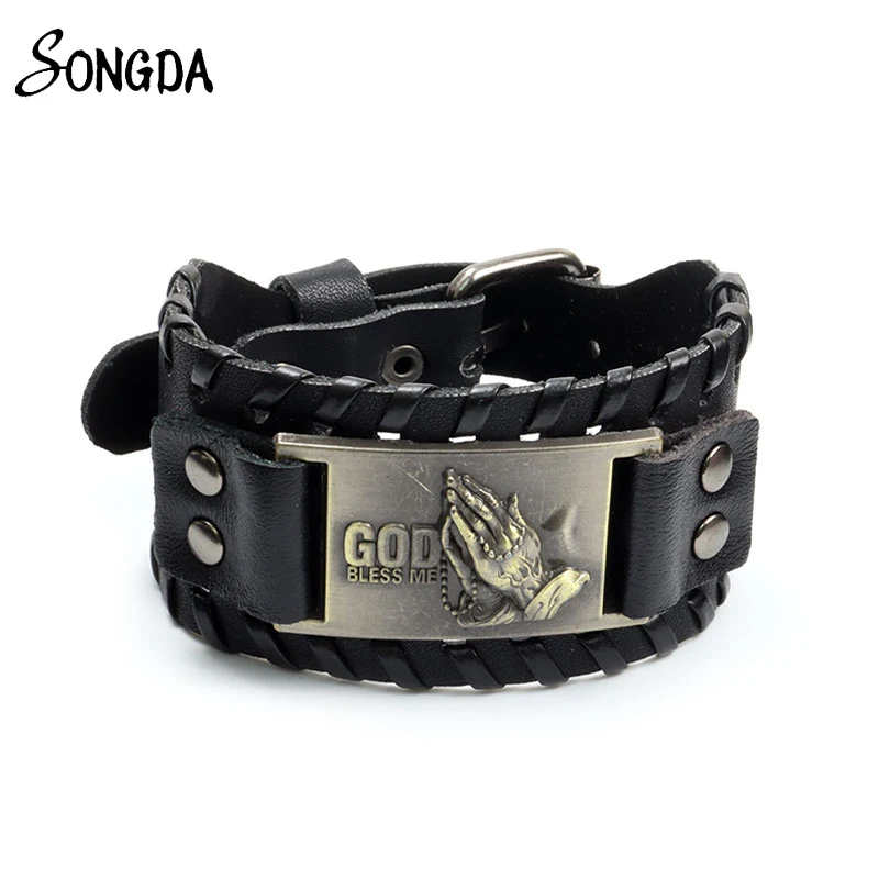 God Bless Me Wide Leather Bracelets for Women Men Punk Wristband Bracelets Bangles Handmade Hip Hop Protection Jewelry Wholesale
God Bless Me Wide Leather Bracelets for Women Men Punk Wristband Bracelets Bangles Handmade Hip Hop Protection Jewelry Wholesale