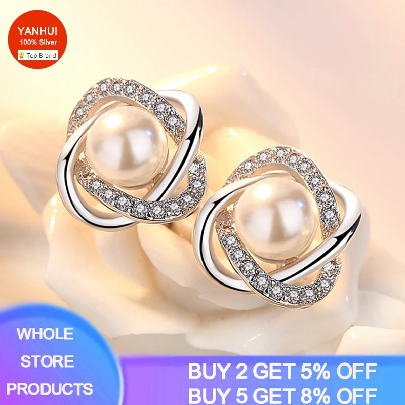 

YANHUI Upscale Original Tibetan Silver Earrings Zircon Pearl Twist Luxury Stud Earrings For Women Brincos Pendientes Bijoux