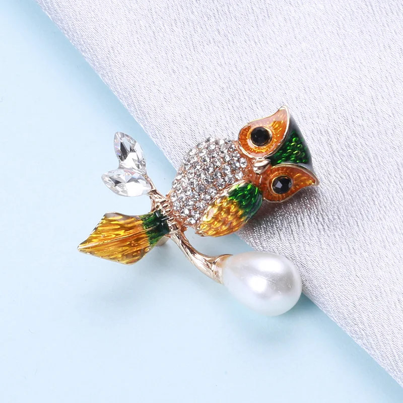 

Lovely Owl Enamel Crystal Bird Brooches Women Alloy Brown Green Bird Animal Party Casual Branch Pearl Brooch Pins Gifts Jewelry