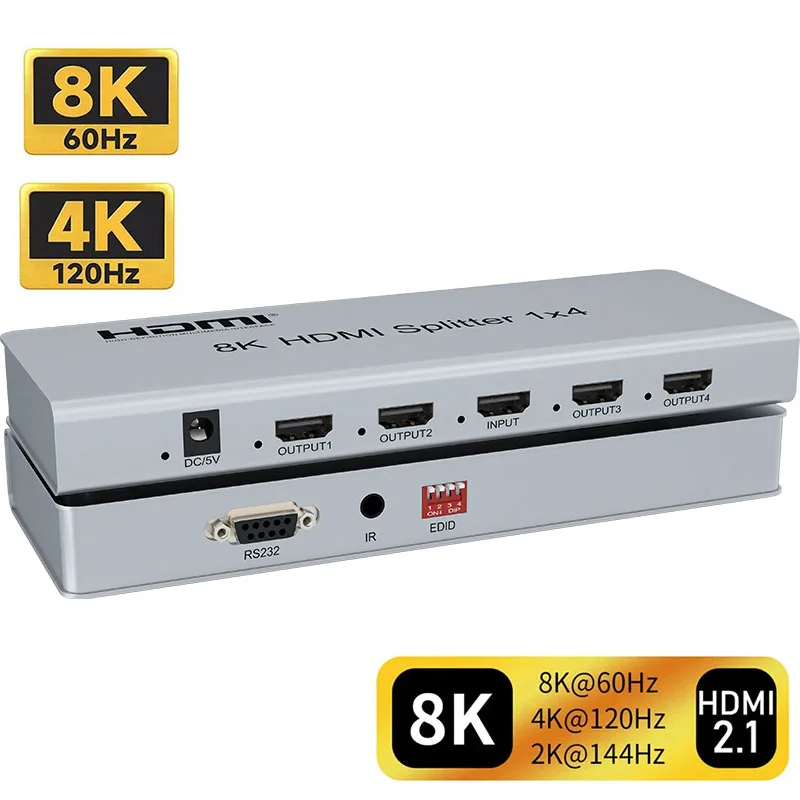 

8K HDMI Splitter 1 in 4 out 8K 60Hz HDMI 2.1 Video Distributor Splitter 1x4 4K 120Hz HDR HDCP 2.3 RS232 EDID for PS5 Xbox PC TV