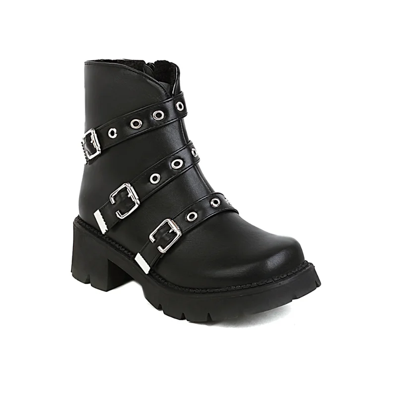 Women’s Ankle Boots Three Rows of Belt Buckles Round Metal Holes Round Flat Toe Thick Heel Plush Inner Side Zipper Short Boots 
Women’s Ankle Boots Three Rows of Belt Buckles Round Metal Holes Round Flat Toe Thick Heel Plush Inner Side Zipper Short Boots