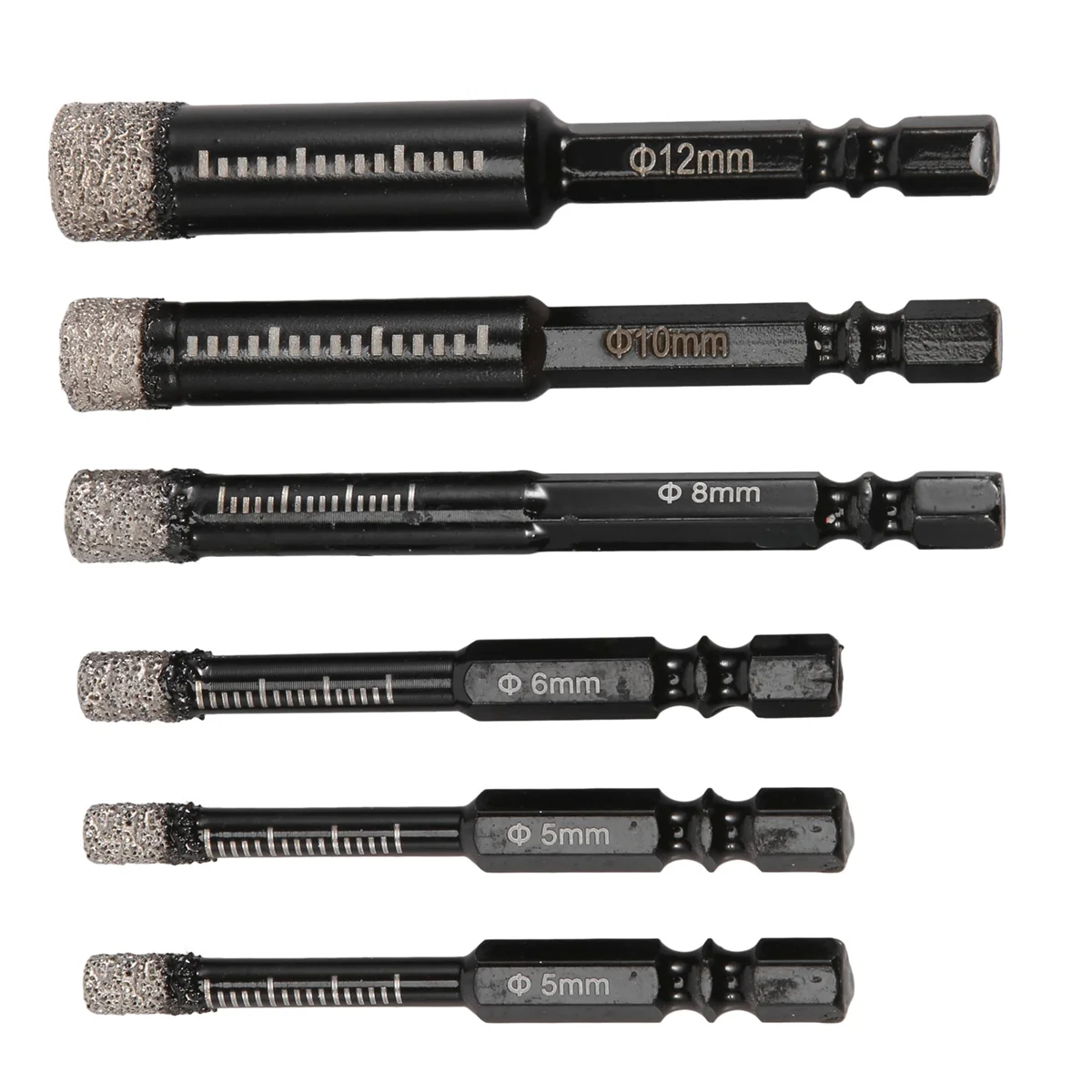 6Pc Black Dry Diamond Drill Bits Set for Granite Ceramic Marble Tile Stone Glass Hard Materials 5/6/8/10/12mm
6Pc Black Dry Diamond Drill Bits Set for Granite Ceramic Marble Tile Stone Glass Hard Materials 5/6/8/10/12mm