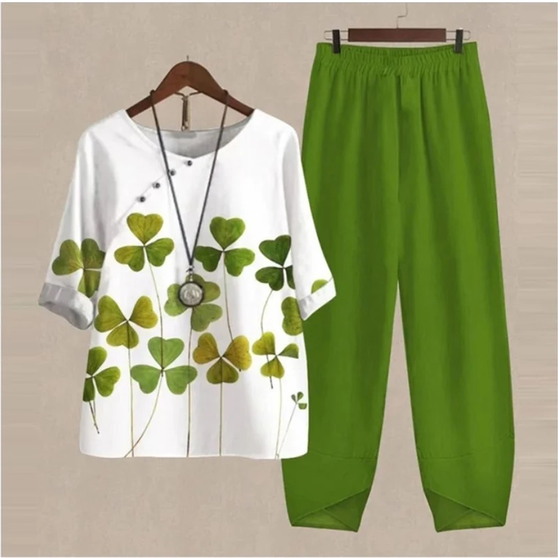 Summer Two Piece Sets Womens Casual O Neck Flower Print Half Sleeve Loose Shirt Solid Elastic High Waist Pants Lady Outfits 2023
Summer Two Piece Sets Womens Casual O Neck Flower Print Half Sleeve Loose Shirt Solid Elastic High Waist Pants Lady Outfits 2023
