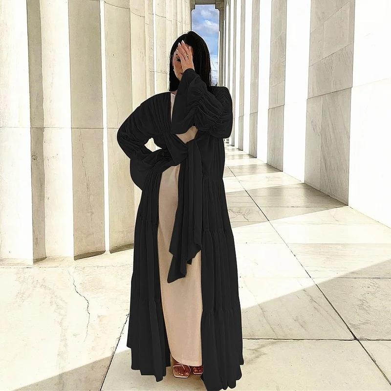 

Muslim Fashion Women Dress Arabian Corset Puff Sleeve Cardigan 2022 Elegant Long Skirt Kaftan Islamic Abaya Dubai Femme Turkish
