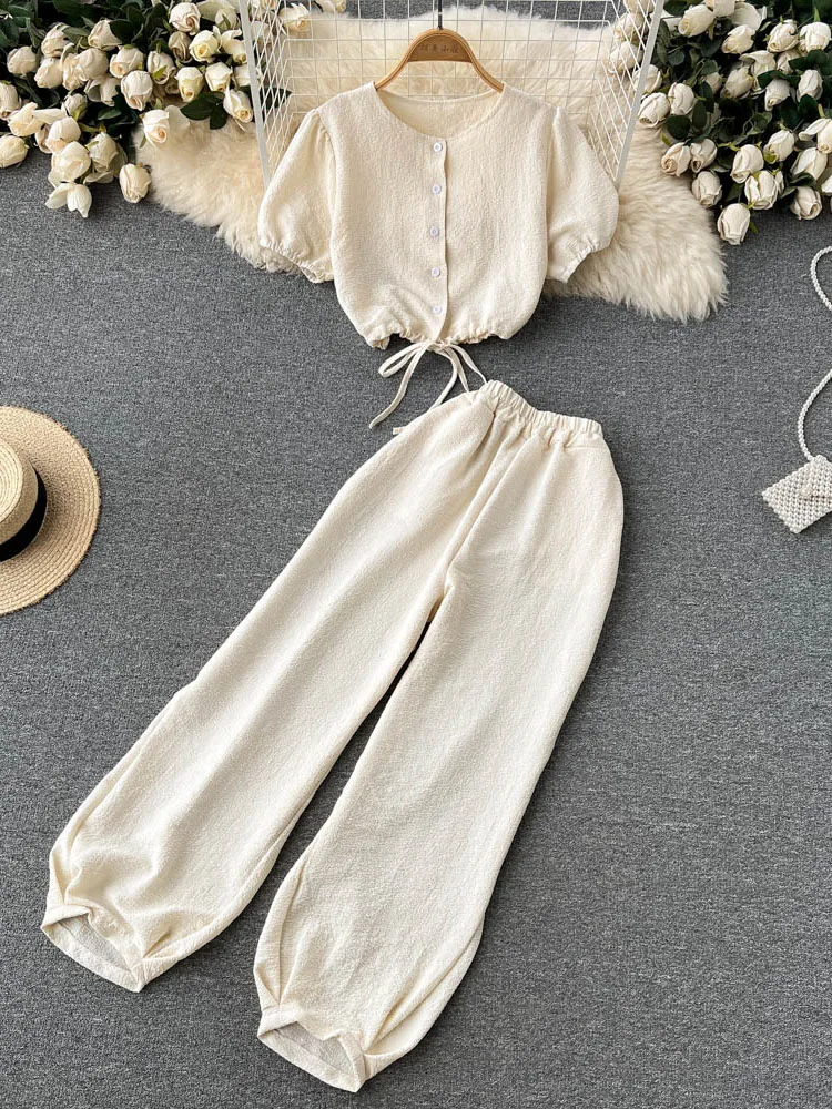 Hong Kong Style Suit Short Lace Short-sleeved Top Women's Loose Beam Feet Thin All-match Casual Harem Pants Two-piece Sets D996
Hong Kong Style Suit Short Lace Short-sleeved Top Women's Loose Beam Feet Thin All-match Casual Harem Pants Two-piece Sets D996