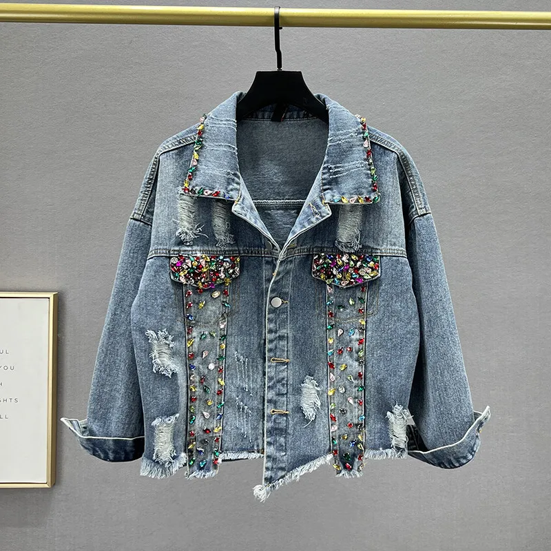 

Heavy Work Diamond Pocket Hole Jeans Jacket Frayed Hem Lapel Long Sleeve Casual Chaqueta Mujer Spring Autumn Female Denim Jacket