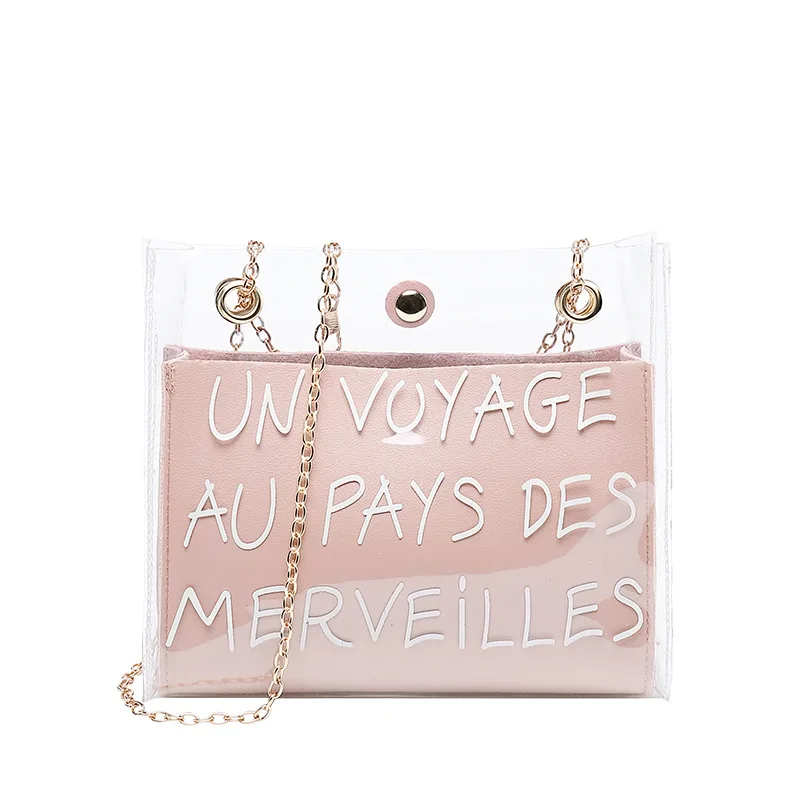 PVC Transparent Handbag Fashion New Shoulder Bag Letter Pattern Mobile Phone Bag Chain Lock Crossbody Bags for Women 2021 Summer
PVC Transparent Handbag Fashion New Shoulder Bag Letter Pattern Mobile Phone Bag Chain Lock Crossbody Bags for Women 2021 Summer