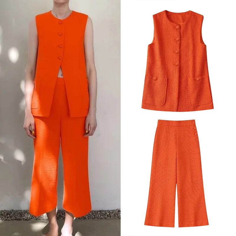 Spring 2022 Women Orange Tweed Textured Sleeveless Vest With High Waist Breasted Decoration Pants Sets BB22577
Spring 2022 Women Orange Tweed Textured Sleeveless Vest With High Waist Breasted Decoration Pants Sets BB22577