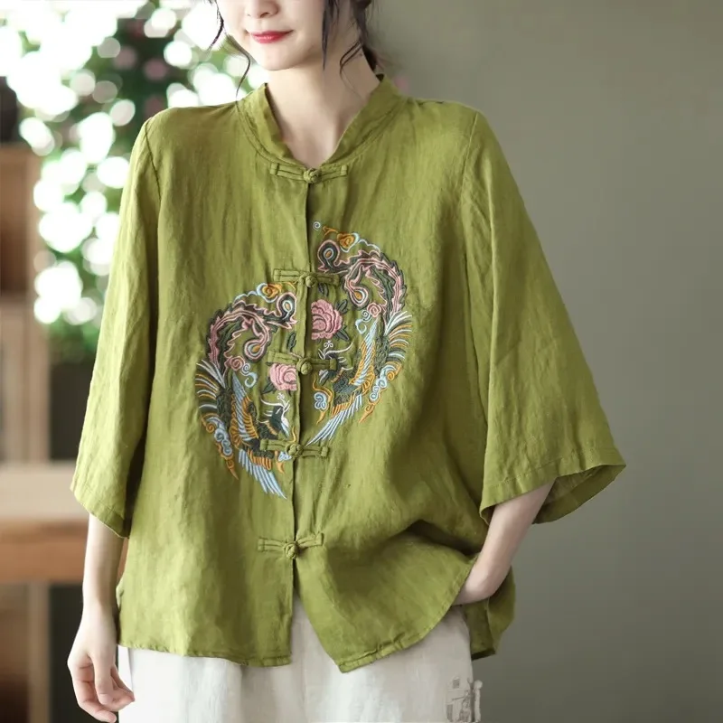 Button cotton linen mid-sleeve shirt women's ethnic style embroidered cotton linen stand collar temperament top women
Button cotton linen mid-sleeve shirt women's ethnic style embroidered cotton linen stand collar temperament top women