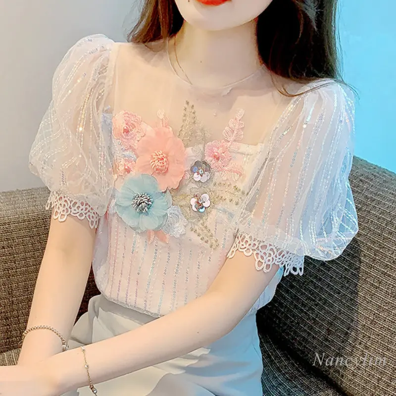 Three-dimensional Flower Sequin Embroidery Short-Sleeved Lace Shirt Women's Summer Top 2023 New Outwear Blouses Blusas Mujer
Three-dimensional Flower Sequin Embroidery Short-Sleeved Lace Shirt Women's Summer Top 2023 New Outwear Blouses Blusas Mujer