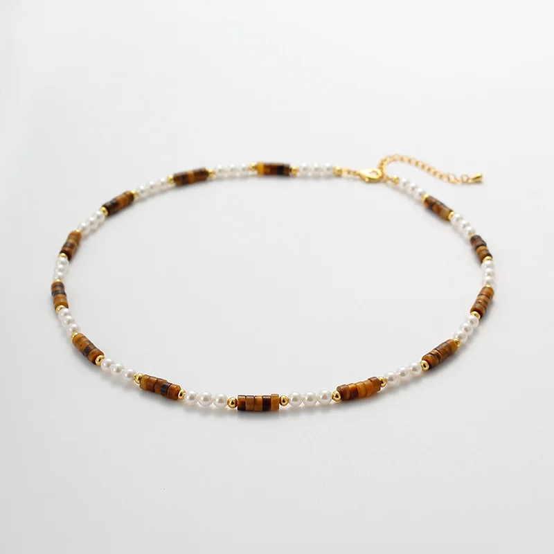 

LONDANY necklace retro contrast Tiger Eye Pearl Necklace simple advanced beaded clavicle chain fashion stacked necklace women