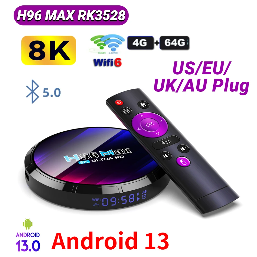 

Android 13.0 H96 MAX RK3528 Quad Core Rockchip WIFI6 8K 2GB 4GB 16GB 32GB 64GB 100M LAN Dual Wifi 2.4G 5G BT5.0 Smart TV Box