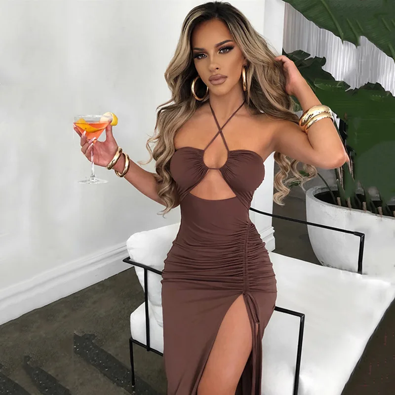 Women Sexy Split Bodycon Dress Plain Cross Halter Pleated Side Drawstring Dress Ladies Club Party Bar Cutouts Long Dress
Women Sexy Split Bodycon Dress Plain Cross Halter Pleated Side Drawstring Dress Ladies Club Party Bar Cutouts Long Dress