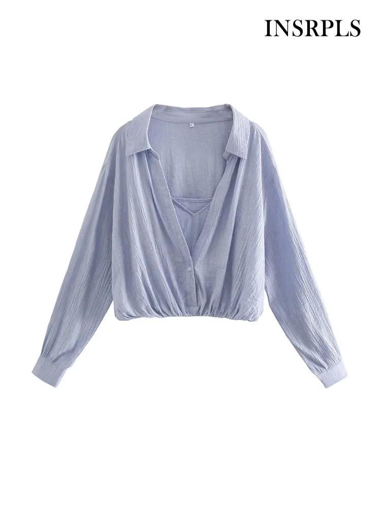 

INSRPLS Women Fashion Front Button Textured Cropped Blouses Vintage Long Sleeve Elastic Hem Female Shirts Blusas Chic Tops