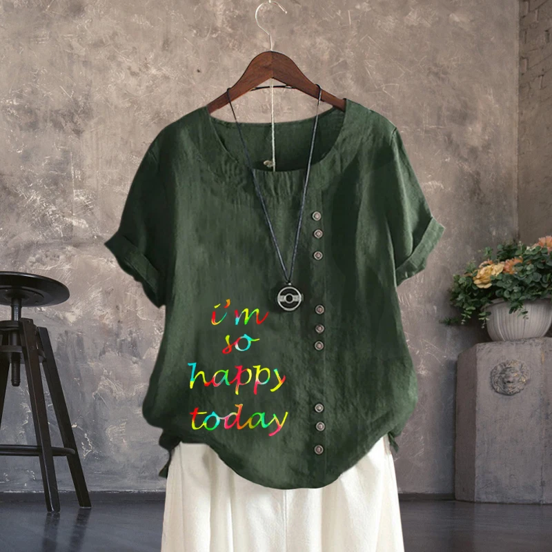 Lady's T Shirt Women's Clothing Round Neck Loose Linen Short Sleeve Colorful English Word Printed Pullover Top for Summer 
Lady's T Shirt Women's Clothing Round Neck Loose Linen Short Sleeve Colorful English Word Printed Pullover Top for Summer