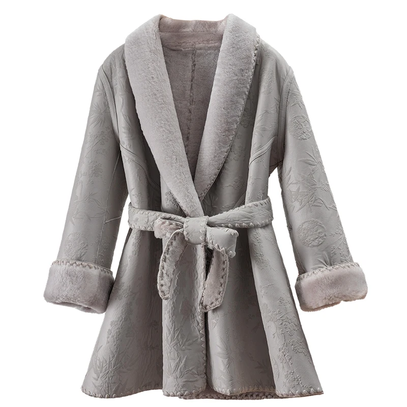 

Wear Both Sides Coats Winter Jacket Women Luxury Genuine Leather Wool Thick Belt Double-faced Fur Open Stitch Fur Coat print